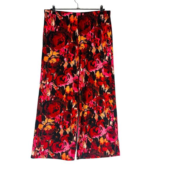 Fig and Flower Womans Large Pants Wide Leg Comfort Stretch Pull On Floral Black - Picture 1 of 9